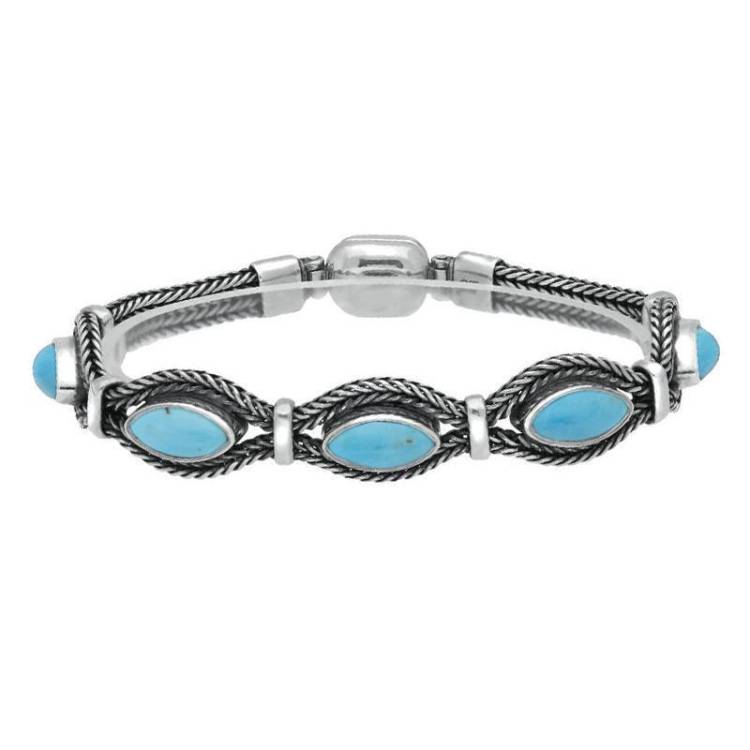 Sterling Silver Turquoise Five Stone Marquise Foxtail Bracelet - Option1 Value Silver