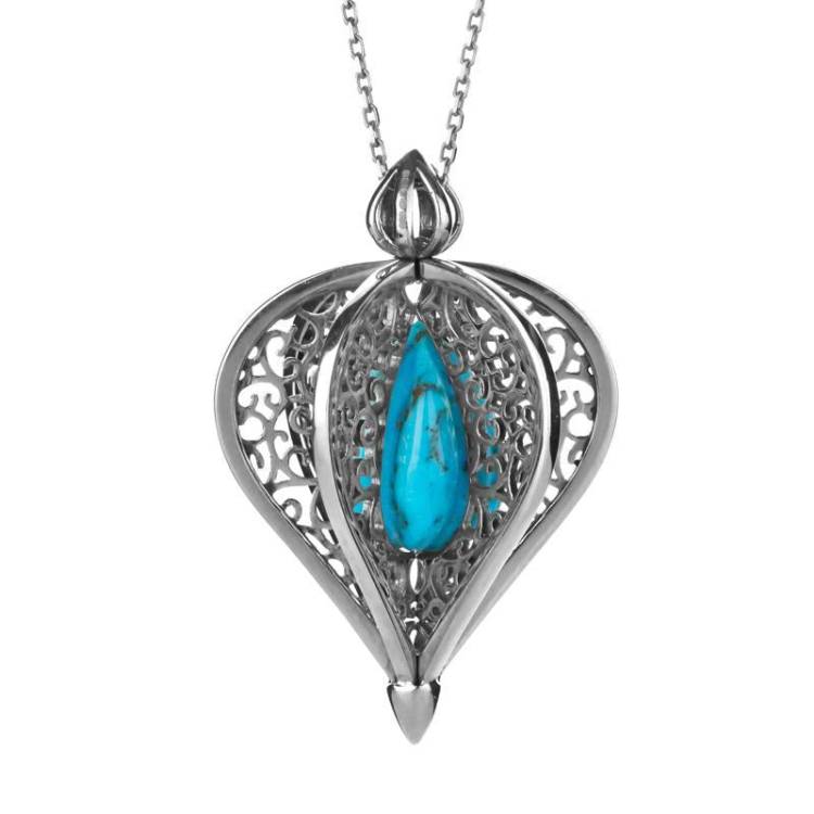 Sterling Silver Turquoise Flore Filigree Droplet Necklace - Silver