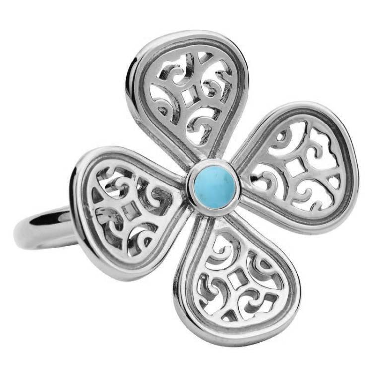 Sterling Silver Turquoise Flore Four Petal Filigree Ring