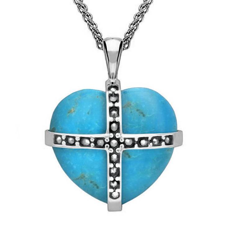 Sterling Silver Turquoise Marcasite Large Cross Heart Necklace - Silver