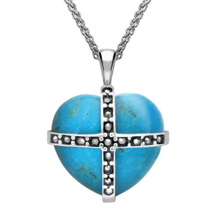 Sterling Silver Turquoise Marcasite Medium Cross Heart Necklace - Silver