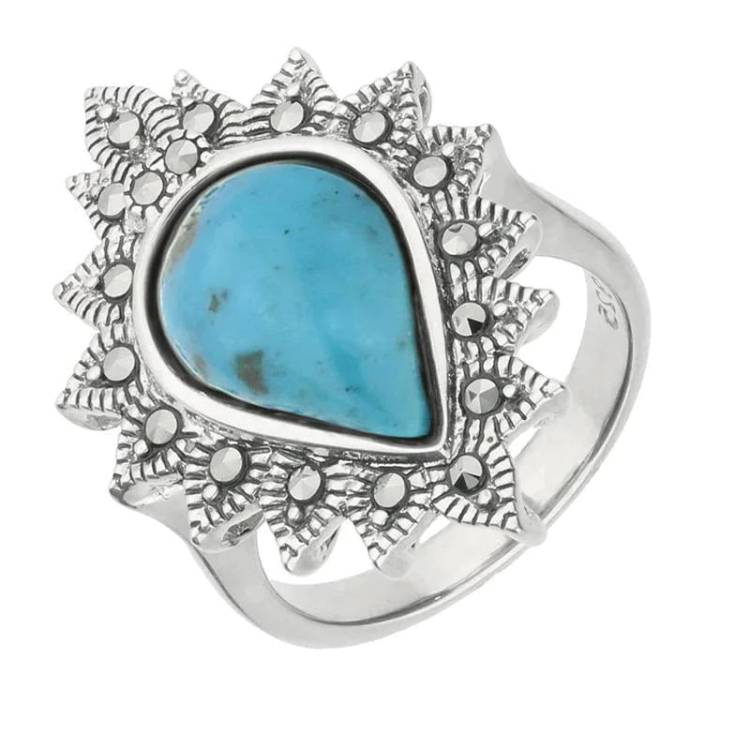 Sterling Silver Turquoise Marcasite Pear Bead Edge Ring - Silver