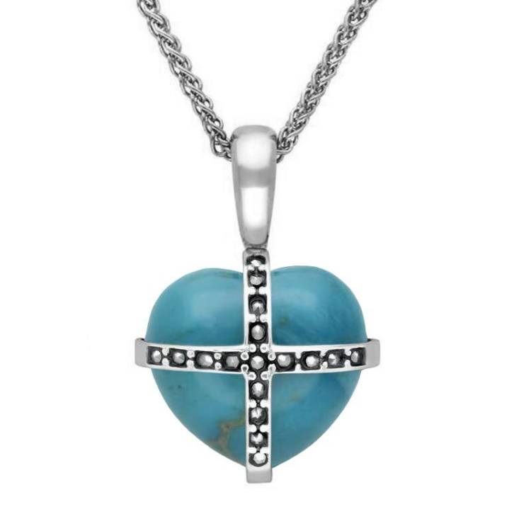 Sterling Silver Turquoise Marcasite Small Cross Heart Necklace - Option1 Value Silver