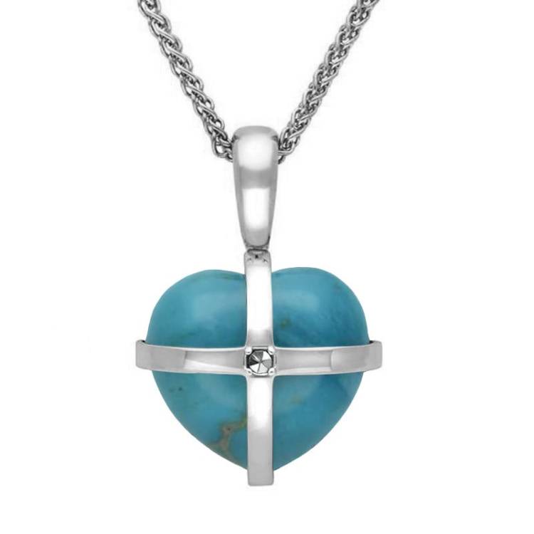 Sterling Silver Turquoise Marcasite Small Cross Heart Necklace - Silver