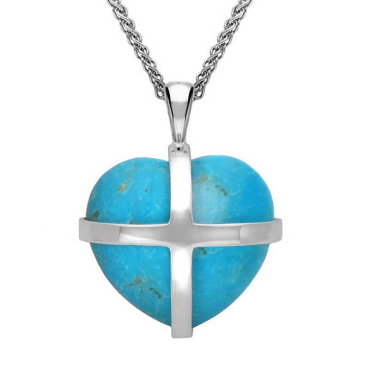 Sterling Silver Turquoise Medium Cross Heart Necklace - Silver