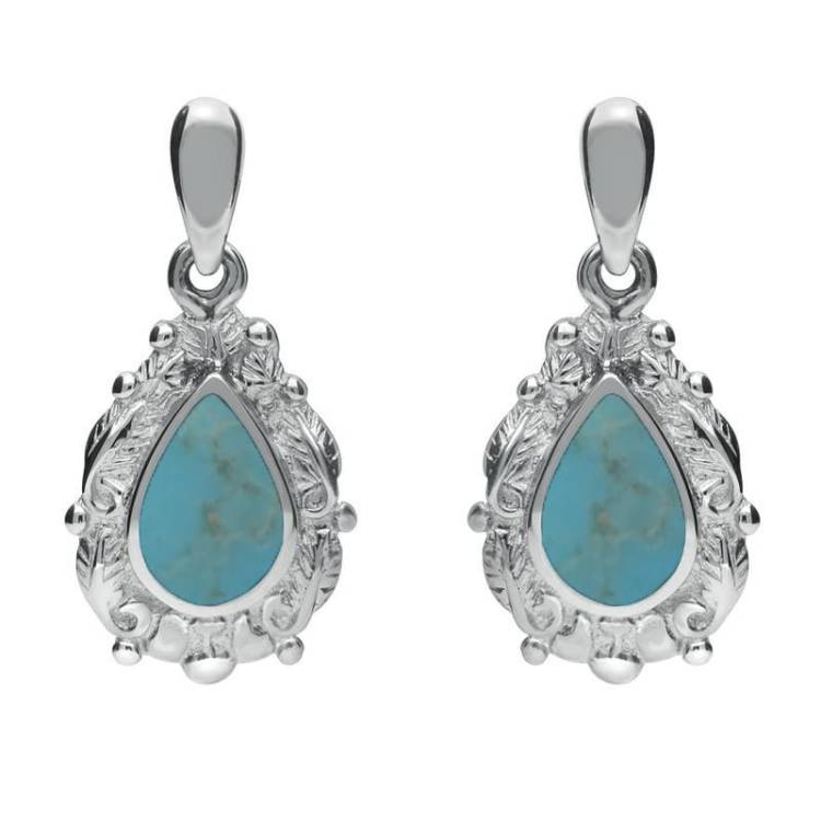 Sterling Silver Turquoise Pear Shaped Leaf Drop Earrings - Silver