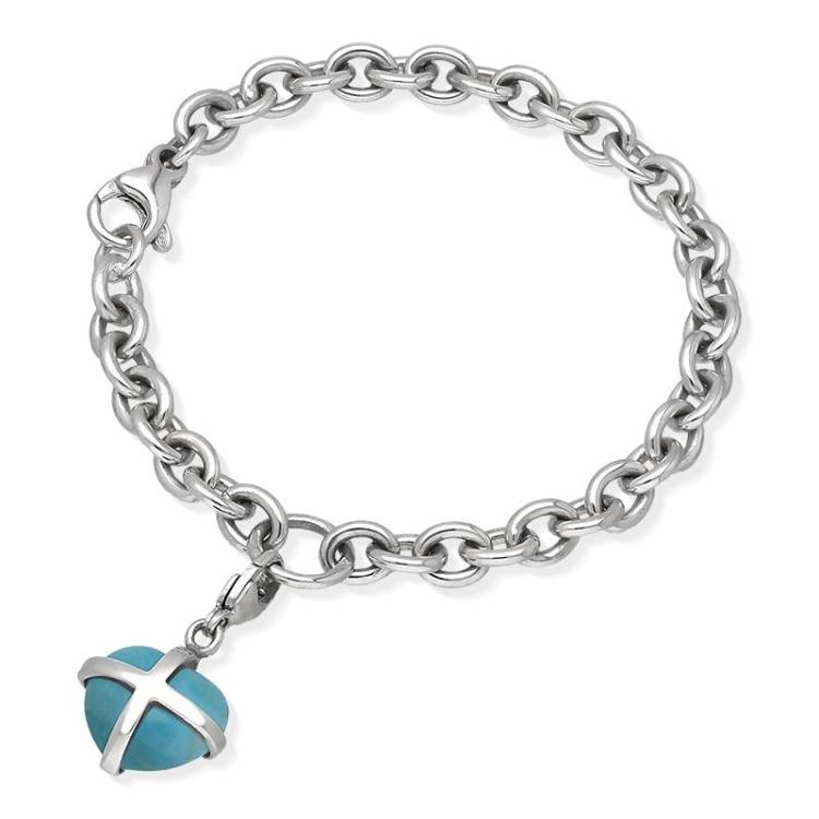 Sterling Silver Turquoise Small Cross Heart Charm Bracelet D - Option1 Value Silver
