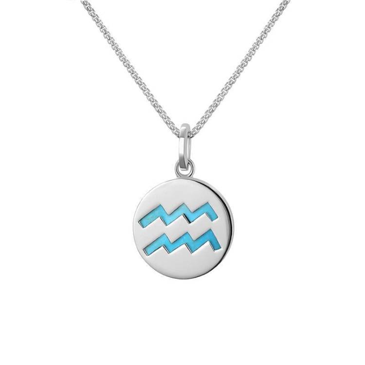 Sterling Silver Turquoise Zodiac Aquarius Round Necklace - Silver