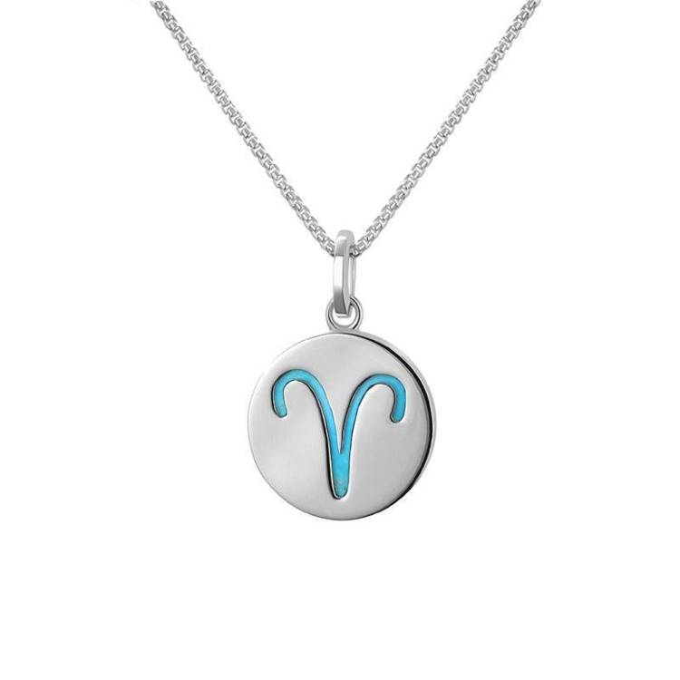 Sterling Silver Turquoise Zodiac Aries Round Necklace - Silver