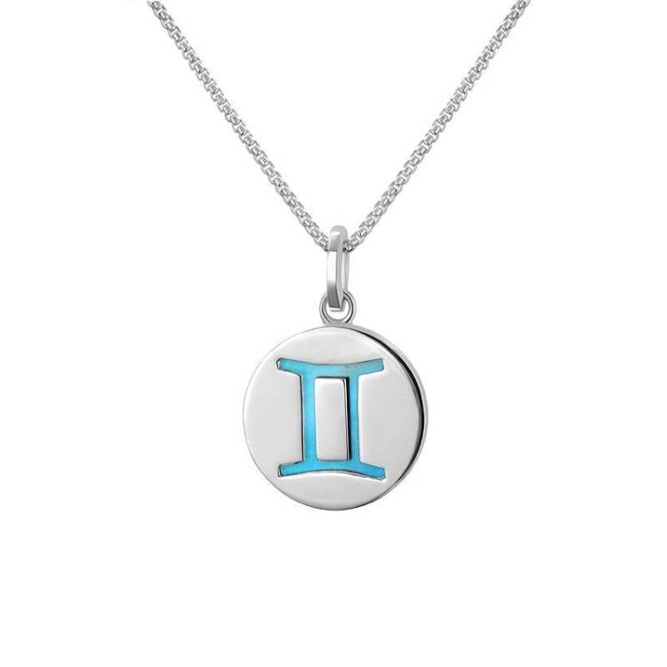 Sterling Silver Turquoise Zodiac Gemini Round Necklace - Silver