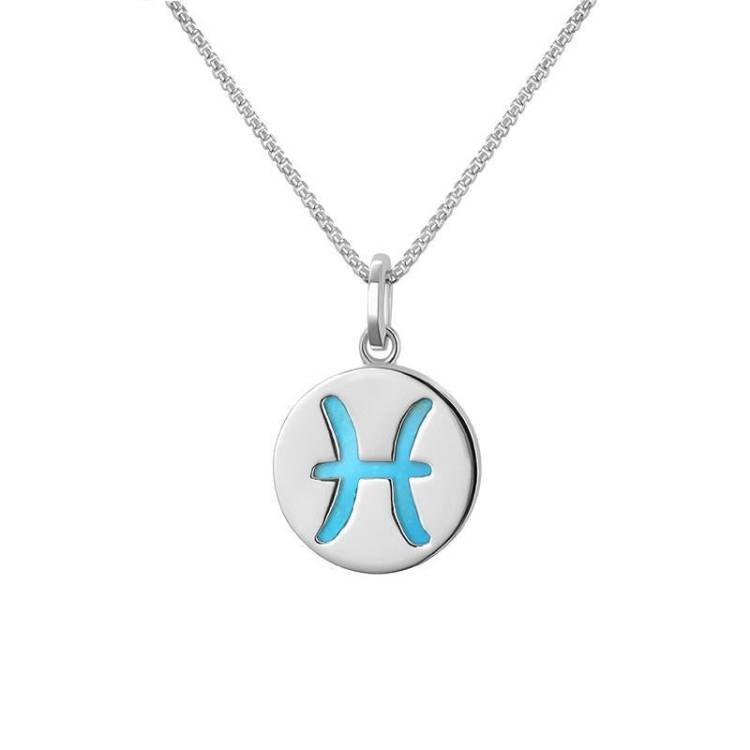 Sterling Silver Turquoise Zodiac Pisces Round Necklace - Silver