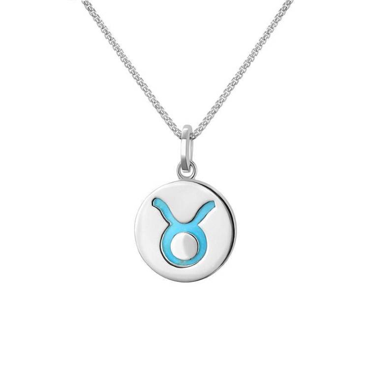 Sterling Silver Turquoise Zodiac Taurus Round Necklace - Silver