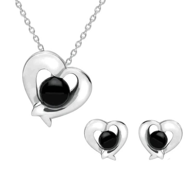 Sterling Silver Whitby Jet Abstract Heart Two Piece Set - Silver