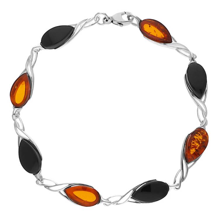 Sterling Silver Whitby Jet Amber Celtic Eight Stone Pear Bracelet - Silver