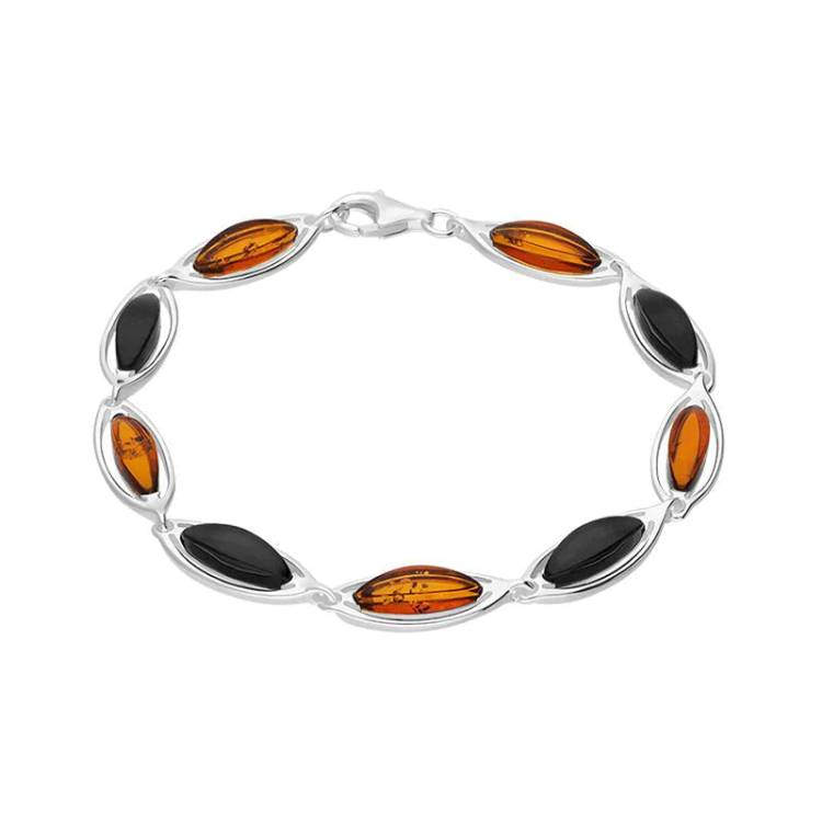 Sterling Silver Whitby Jet Amber Marquise Shaped Nine Stone Bracelet - Silver