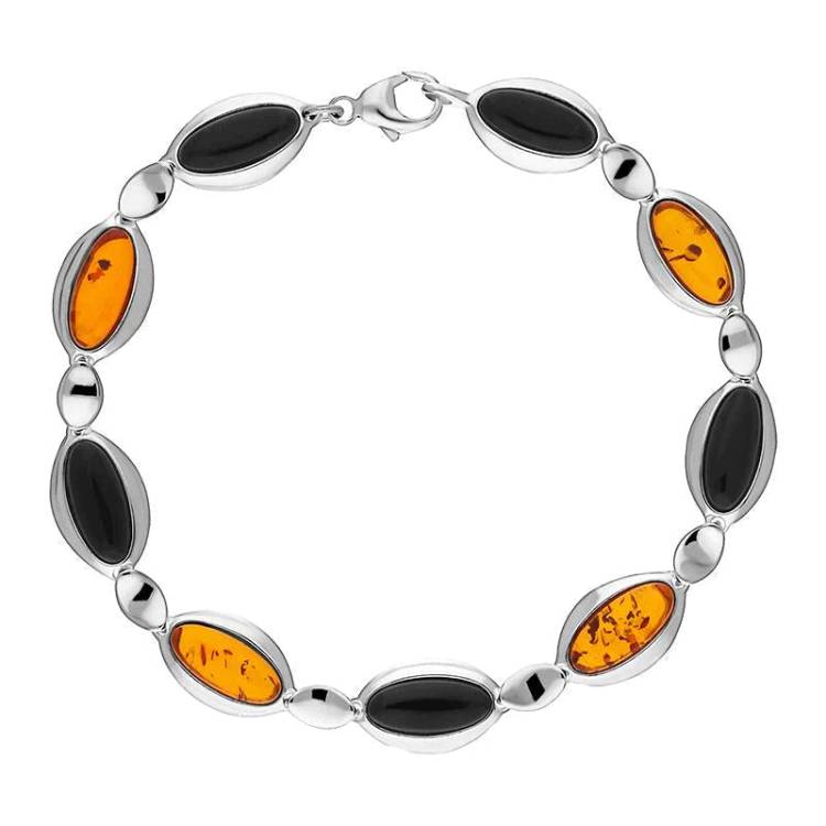Sterling Silver Whitby Jet Amber Nine Stone Long Oval Bracelet - Silver