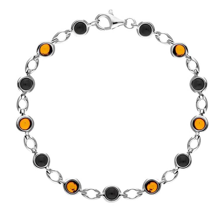 Sterling Silver Whitby Jet Amber Round Stone Link Bracelet - Silver