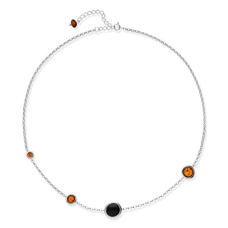 Sterling Silver Whitby Jet Amber Round Stone Necklace - Silver