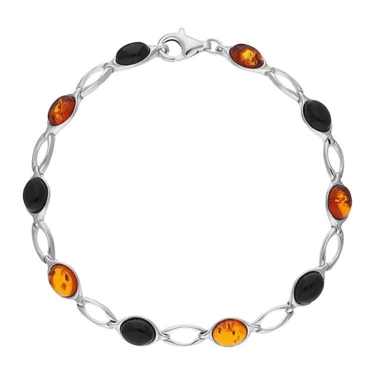 Sterling Silver Whitby Jet Amber Ten Stone Oval Bracelet - Silver