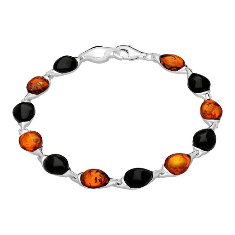 Sterling Silver Whitby Jet Amber Twelve Stone Pear Shaped Bracelet - Silver
