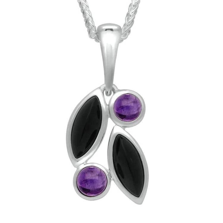Sterling Silver Whitby Jet Amethyst Four Stone Leaf Necklace - Silver