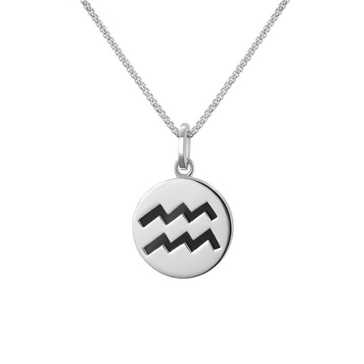 Sterling Silver Whitby Jet Zodiac Aquarius Round Necklace - Silver