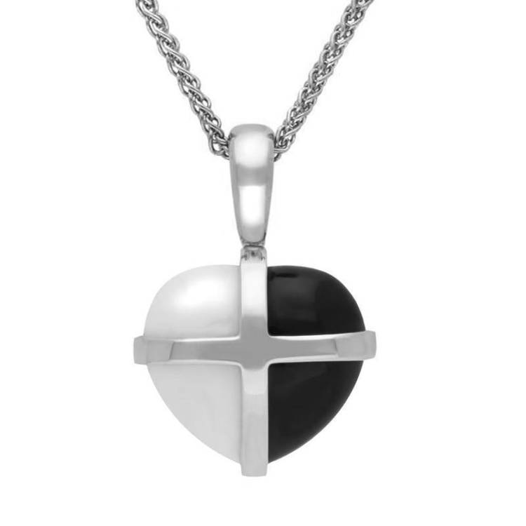 Sterling Silver Whitby Jet Bauxite Small Cross Heart Necklace - Silver