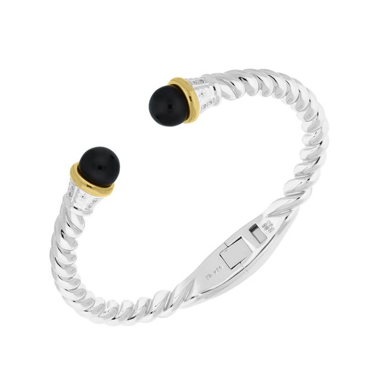 Sterling Silver Whitby Jet Bead Hinged Torc Twist Bangle - Silver