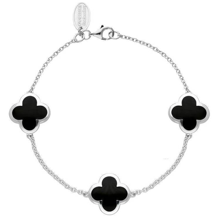 Sterling Silver Whitby Jet Bloom Four Leaf Clover Chain Bracelet