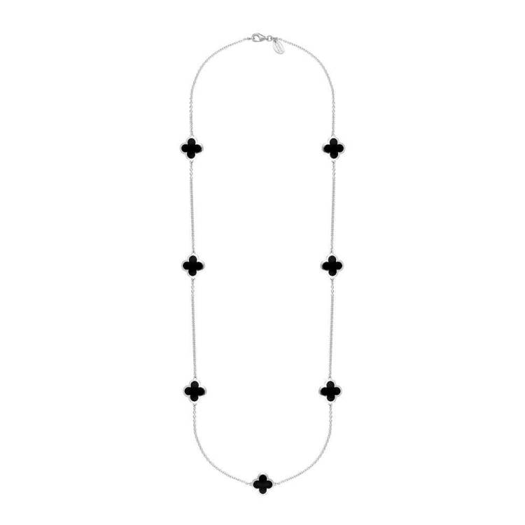 Sterling Silver Whitby Jet Bloom Four Leaf Clover Long Necklace
