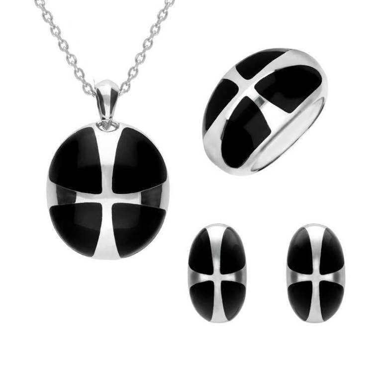 Sterling Silver Whitby Jet Cross Ball Three Piece Set