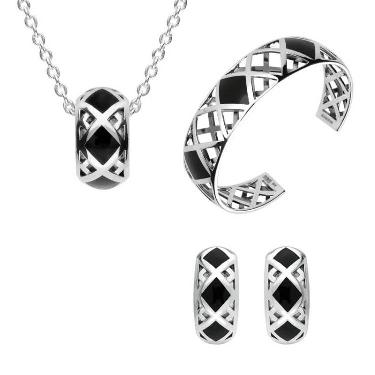 Sterling Silver Whitby Jet Curved Crossover Three Piece Set