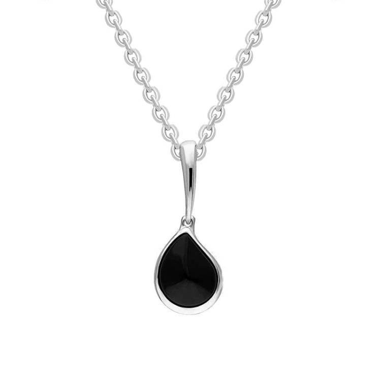 Sterling Silver Whitby Jet Curved Pear Drop Pendant - Silver