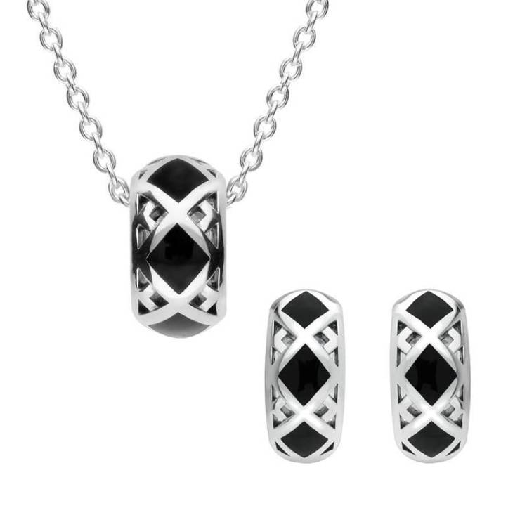 Sterling Silver Whitby Jet Curved Crossover Two Piece Set