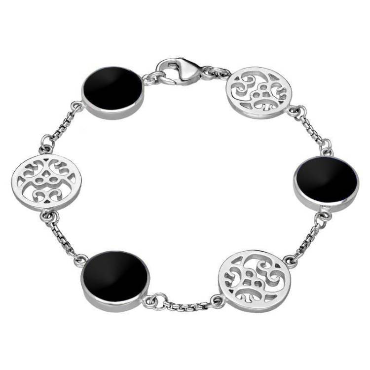 Sterling Silver Whitby Jet Flore Filigree Bracelet