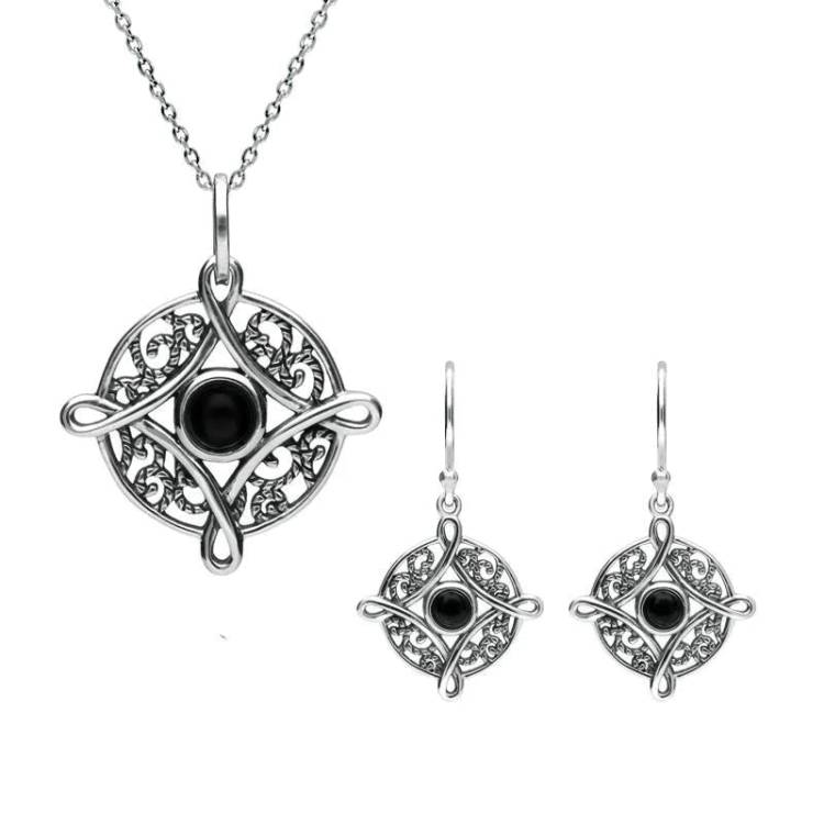 Sterling Silver Whitby Jet Four Point Cross Two Piece Set
