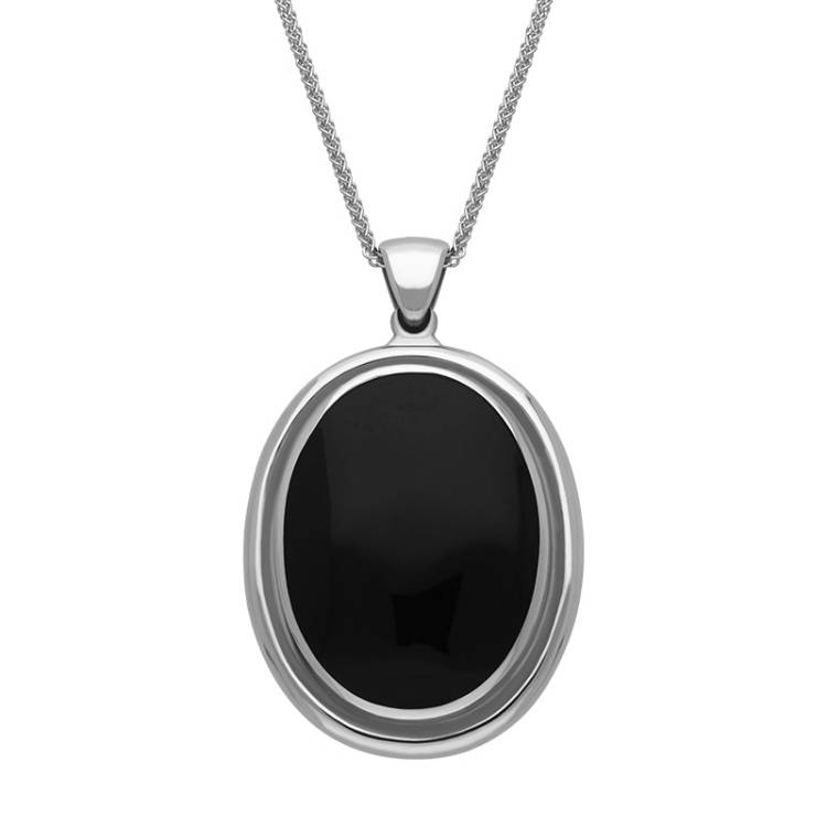 Sterling Silver Whitby Jet Framed Oval Necklace - Silver