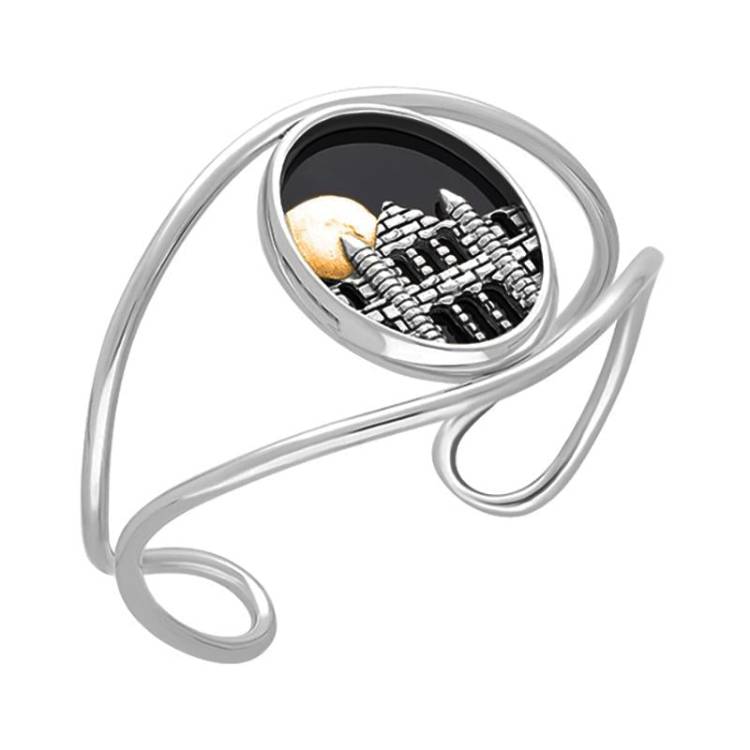 Sterling Silver and Yellow Gold Plated Whitby Jet Moon and Abbey Cuff Bangle - Option1 Value Silver