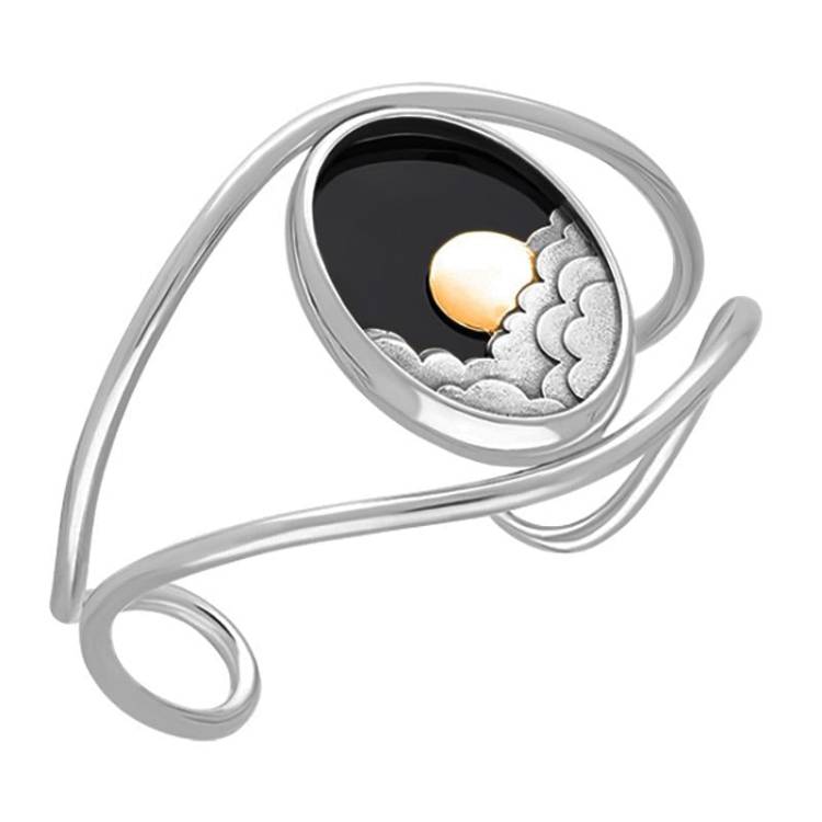 Sterling Silver and Yellow Gold Plated Whitby Jet Moon and Cloud Cuff Bangle - Option1 Value Silver