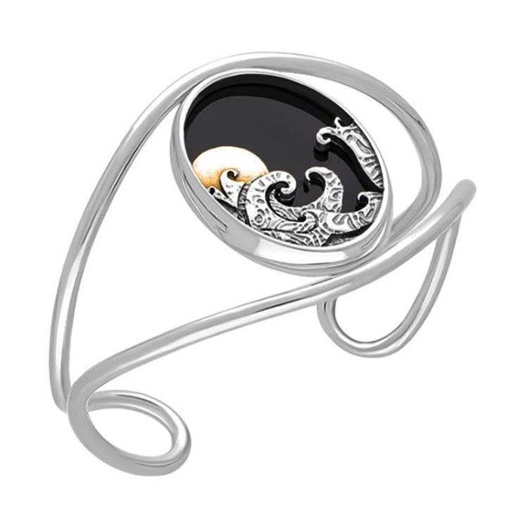 Sterling Silver and Yellow Gold Plated Whitby Jet Moon and Wave Cuff Bangle - Option1 Value Silver