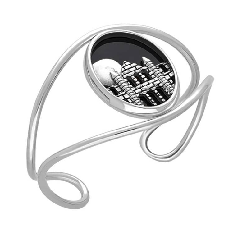 Sterling Silver Whitby Jet Gothic Moon and Abbey Cuff Bangle - Option1 Value Silver