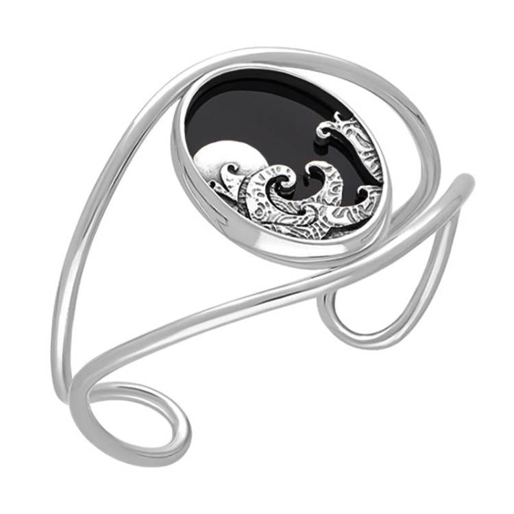 Sterling Silver Whitby Jet Gothic Moon and Wave Cuff Bangle - Option1 Value Silver