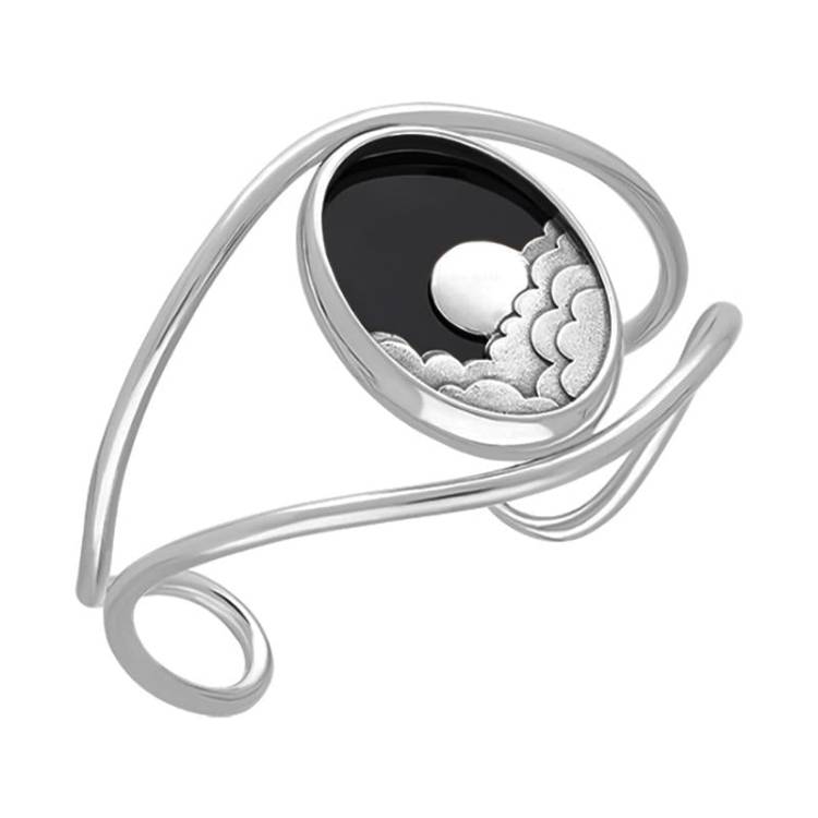 Sterling Silver Whitby Jet Gothic Moon and Cloud Cuff Bangle - Option1 Value Silver