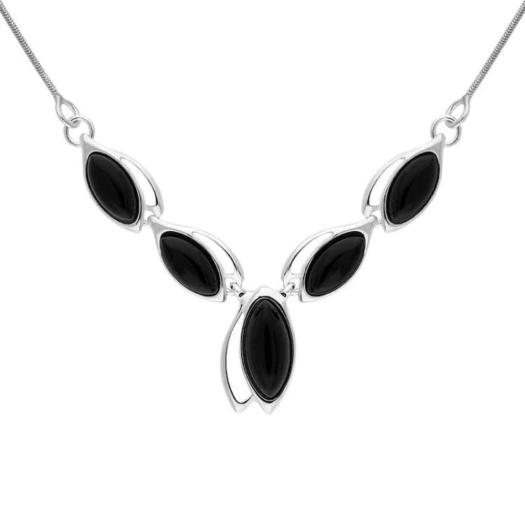 Sterling Silver Whitby Jet Graduated Marquise Five Stone Necklace