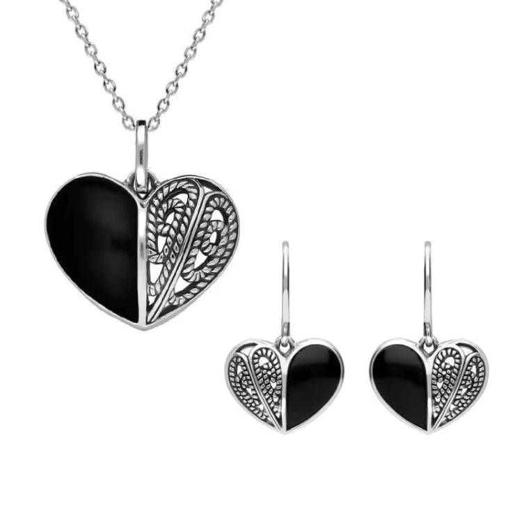 Sterling Silver Whitby Jet Half Stone Heart Two Piece Set - Silver