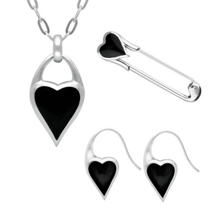 Sterling Silver Whitby Jet Heart Carrier Three Piece Set