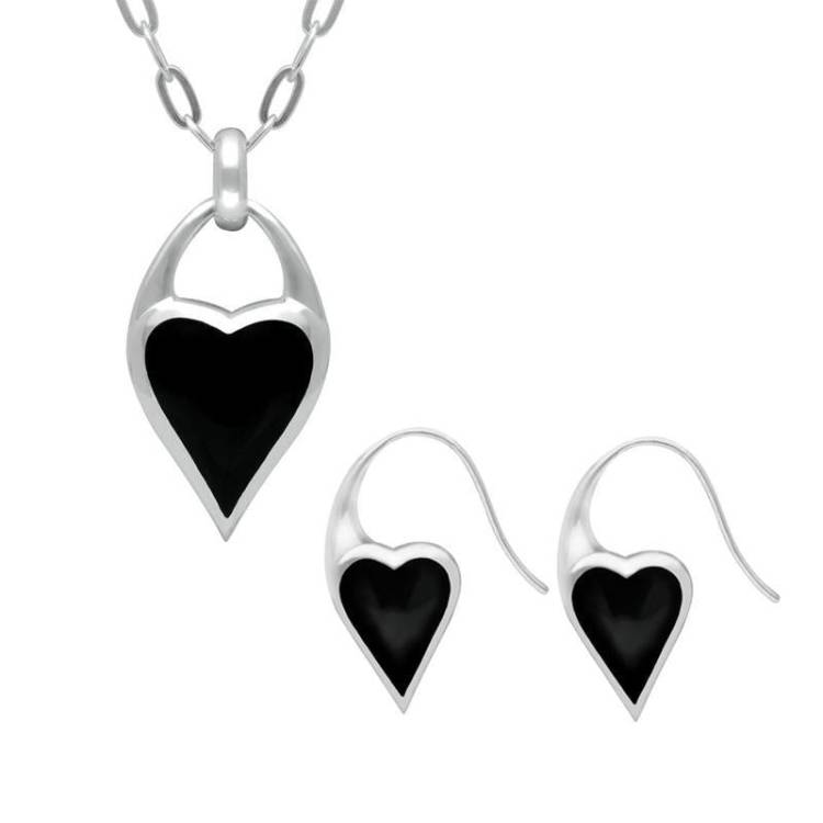 Sterling Silver Whitby Jet Heart Carrier Two Piece Set