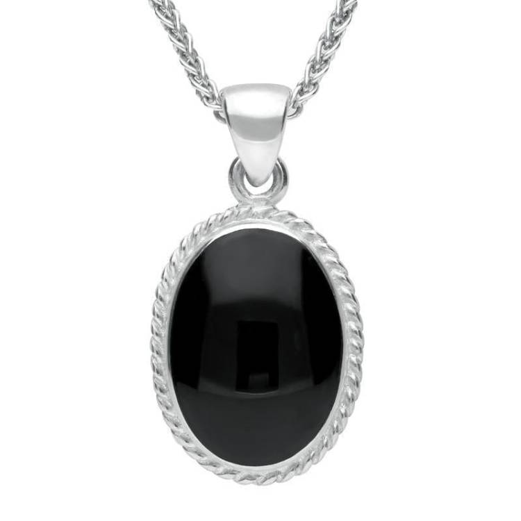 Sterling Silver Whitby Jet Heritage Rope Edge Medium Oval Pendant