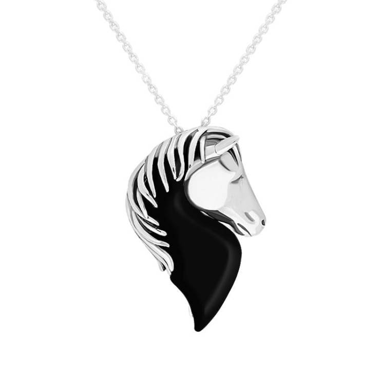 Sterling Silver Whitby Jet Large Horse Head Necklace - Option1 Value Silver