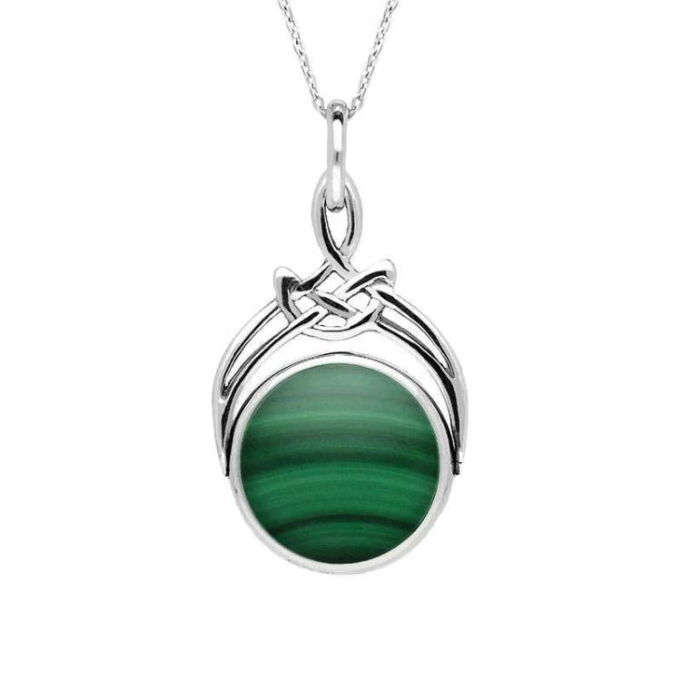 Sterling Silver Whitby Jet Malachite Round Swivel Fob Necklace - Silver